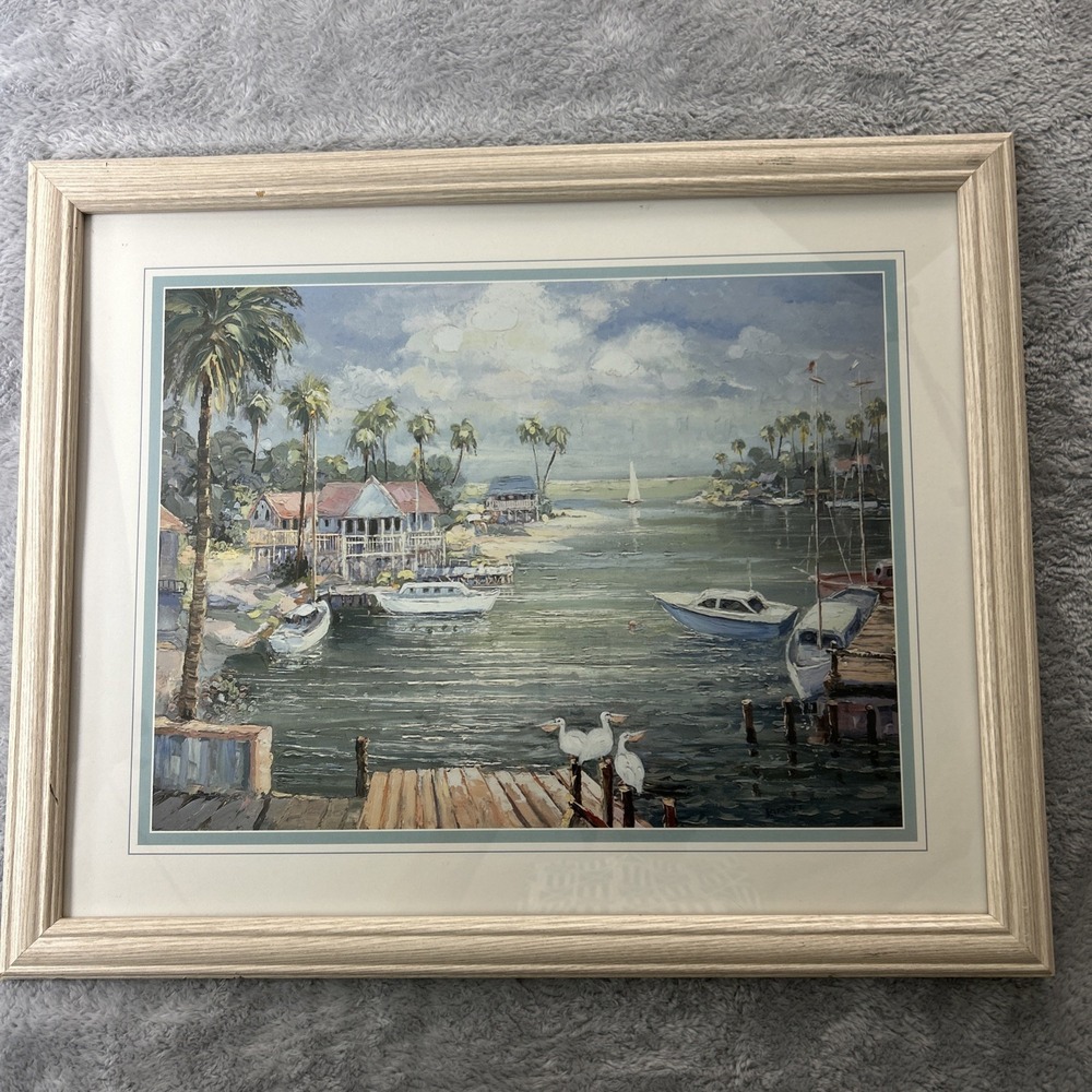 Laforet "Safe Harbor with Pelicans" Tropical Seascape Framed Art 22x18 inches